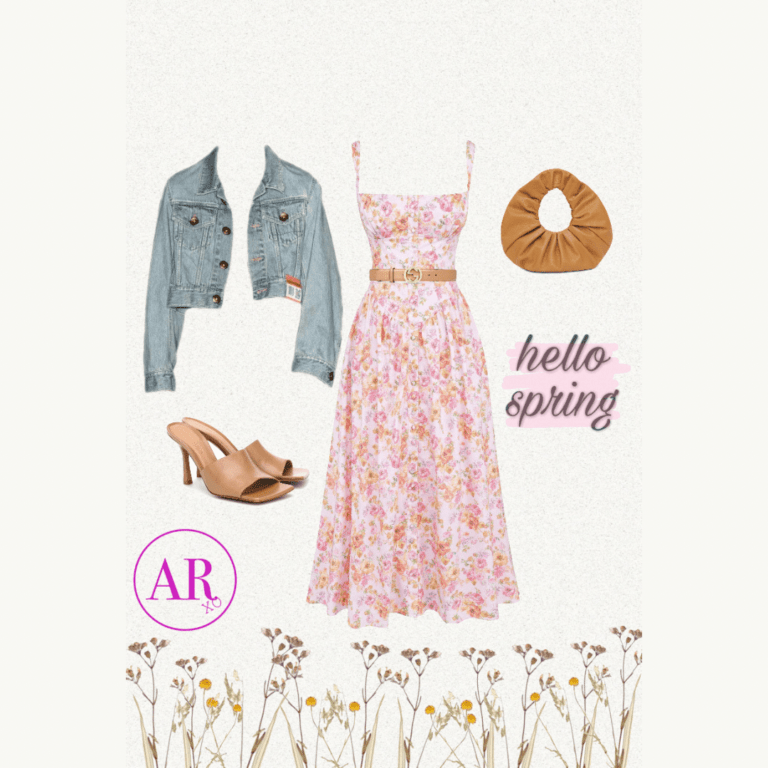 blue washed out cropped jean jacket with pink floral long spring dress, brown belt at the waist, light brown shoes with small leather bag to match styled by ash randall xo