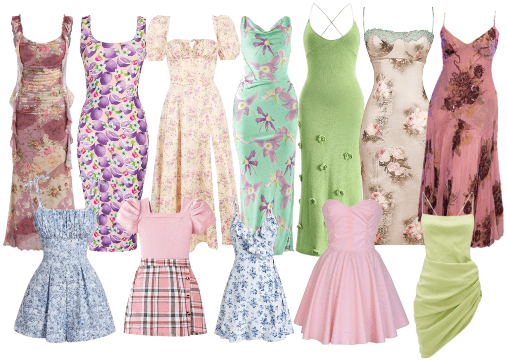 a collage of flowery bright colored dresses perfect for the spring created by ash randall xo