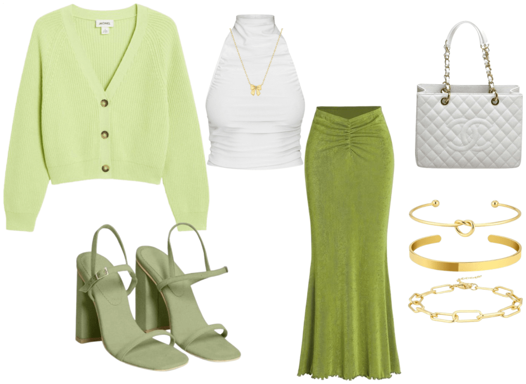 green sexy outfit with a bright green cardigan, white halter crop top, olive green velvet long fitted skirt, pale olive green open toe high heels, white Chanel handbag, with gold bracelets and necklace outfit created by ash randall xo