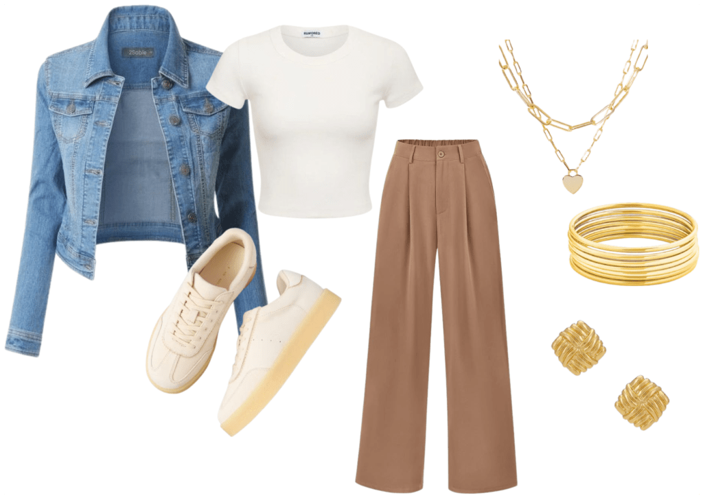 a casual spring outfit of a jean jacket, a solid white tshirt, light brown wide leg casual pants, cream colored sneakers with gold necklace, bracelets, and earrings created by ash randall xo