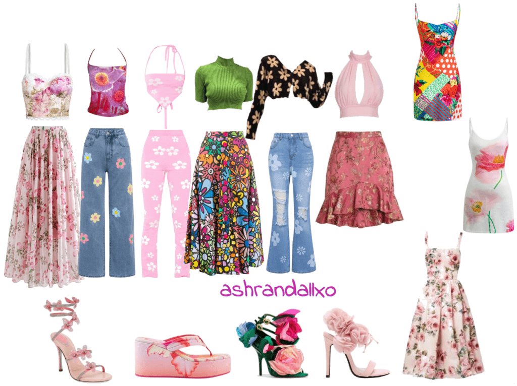 A collage of outfits inspired by flowery spring vibes. There are flower print tops, pants, jeans, skirts, dresses, and shoes in bright spring colors all created by ash randall xo