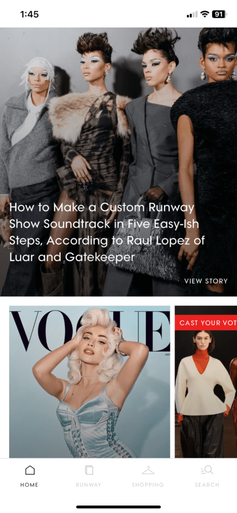 the vogue app home page showing featured articles, livestreams, and more