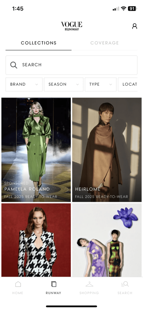 the vogue app showing runway images to search by brand, season, type, location, and more from any time.