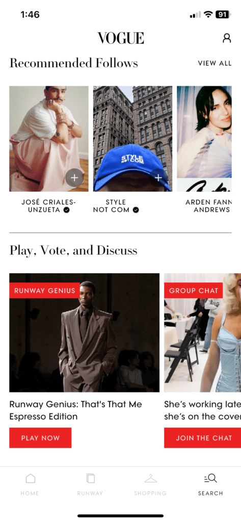 vogue app search page to find contributors, brands, designers, influencers, runways and more.