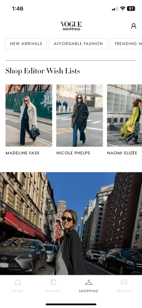 vogue shopping app showing editor's wish lists, clothing items to buy and more