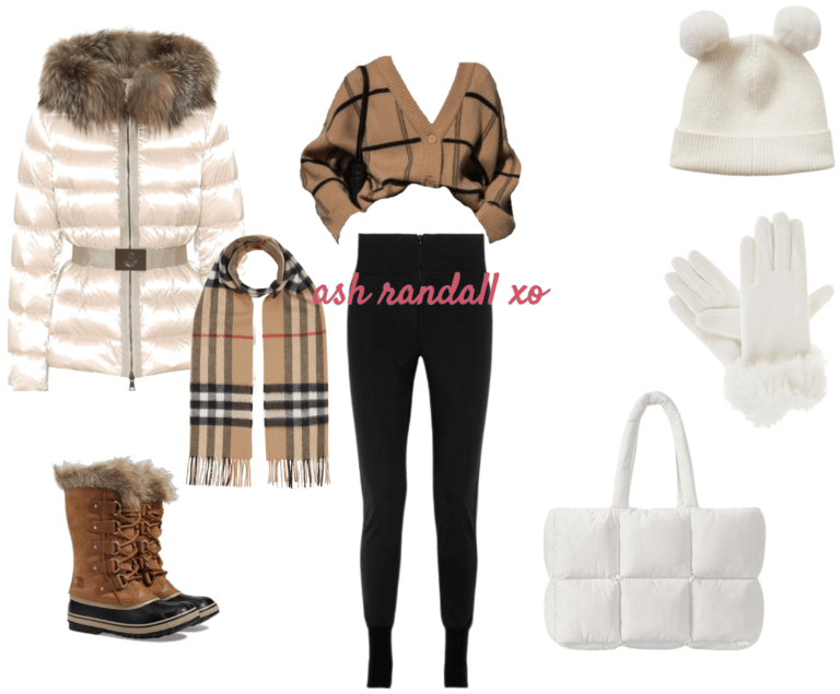 cream colored puffy snow coat, with a brown and black v-neck sweater shirt, brown and black scarf, brown and black snow boots, white puffy purse, white gloves, and off white beanie with two puff balls on the top outfit styled by ash randall xo